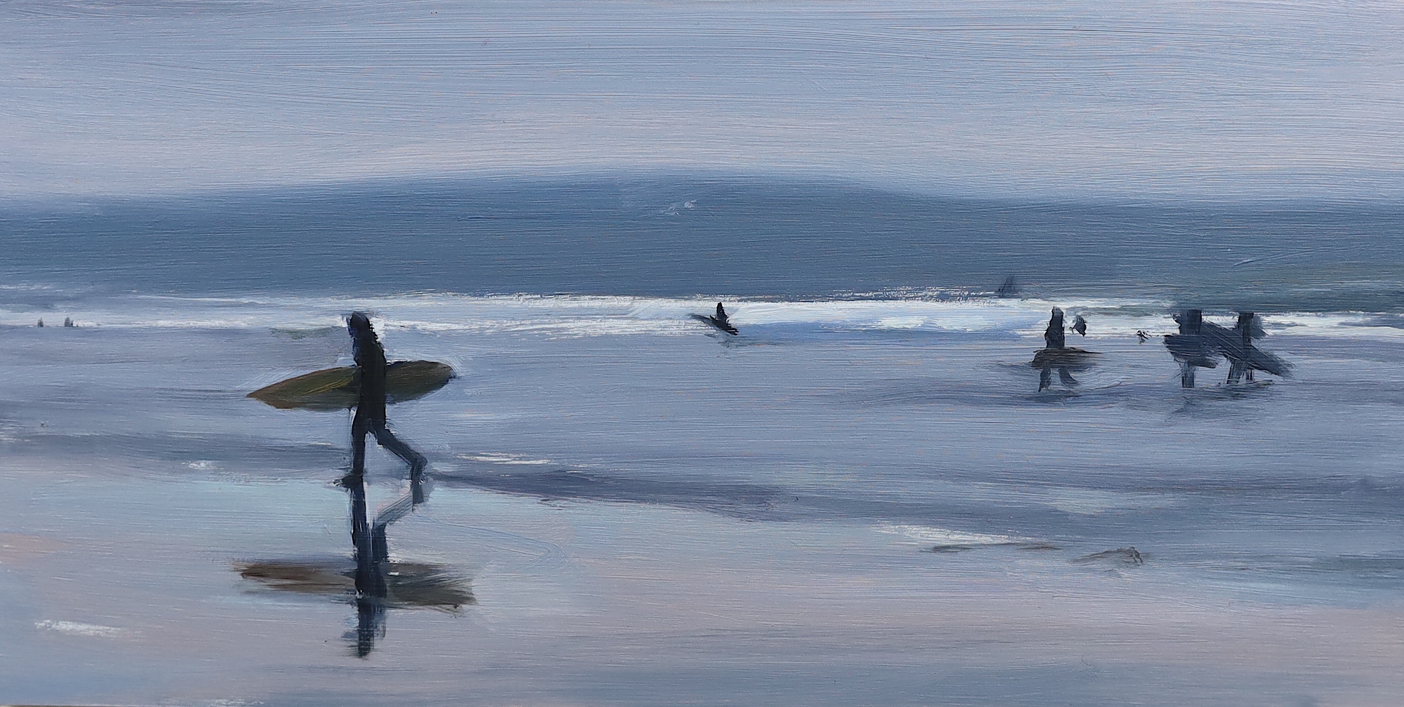 Liam Spencer (British, b.1964), 'Surfers, Cornwall', oil on board, 15 x 30cm